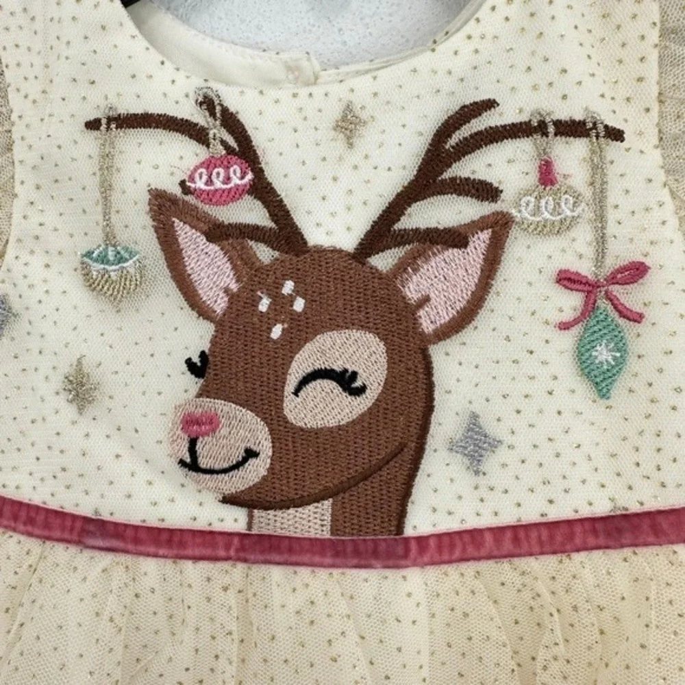 Zunie Nordstrom 12MO‎ Ivory Christmas Reindeer Dress Tulle Ruffle Holiday Party